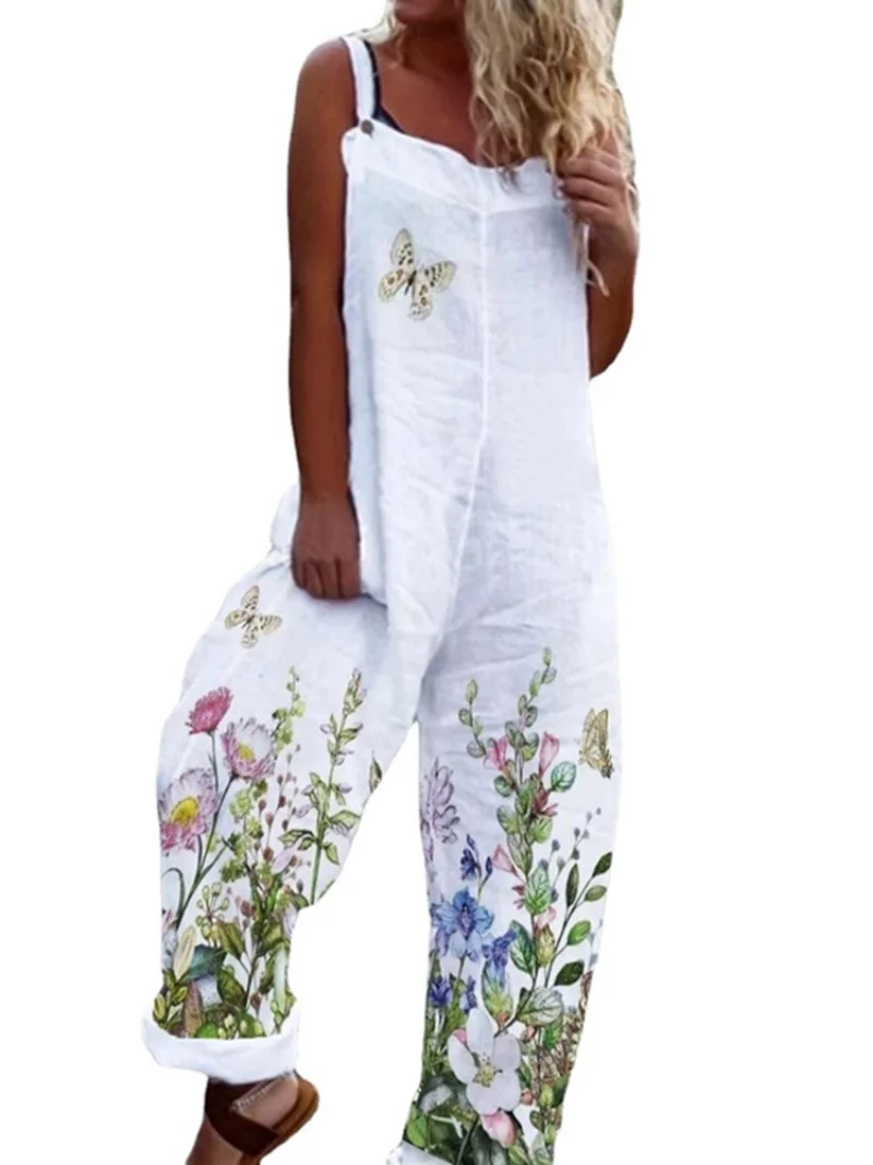 New cotton and linen Summer Lady Button Spaghetti Strap Overalls Women's Jumpsuit Elegant Vintage Butterfly Floral Print Rompers