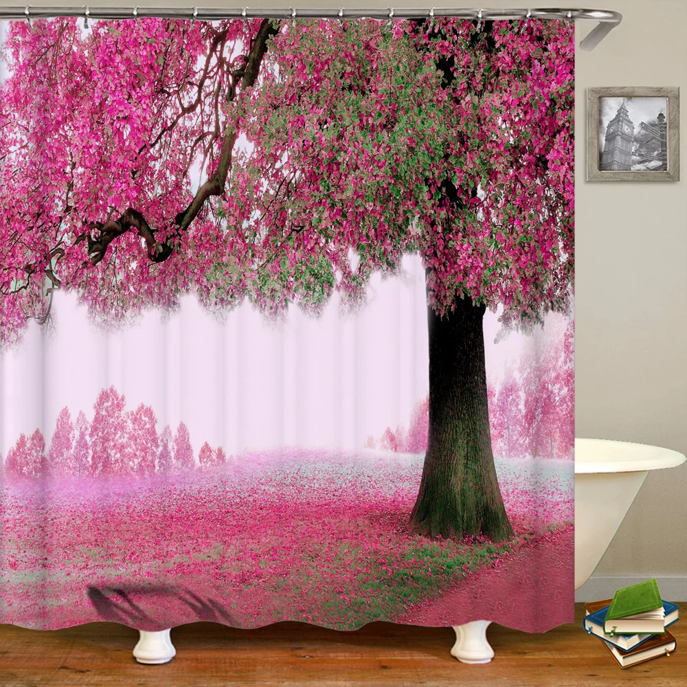 

Bathroom Decorative Accessories Waterproof Curtain Bathtub Beautiful Pink Tree Landscape Screen Shower Curtain Cortinas De Baño