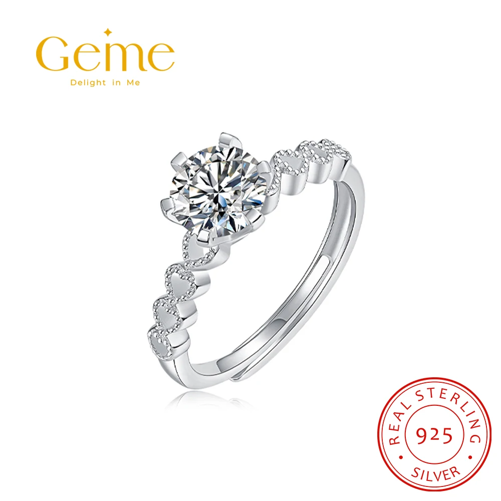 

Geme 925 пробы Серебряное кольцо 1 карат с круглым муассанитом, D цветное обручальное кольцо с множеством сердец, обручальное кольцо обещания, п...
