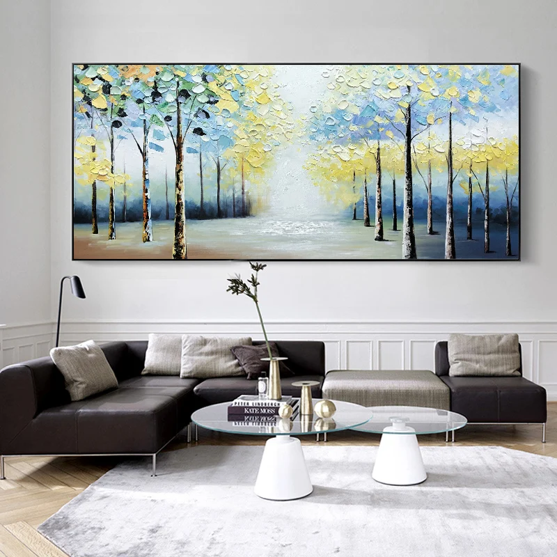 

Hand Painted Living Room Painting Sofa Background Wall Decorative Painting Horizontal Version Of Birch Forest Scenery Mural