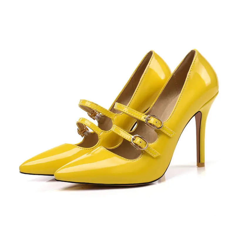 

32-47 Women's Shoes Patent Leather Point Toe 10cm High Heels Belt Buckle Pink Black Heels Bridal Shoes Stiletto Pumps