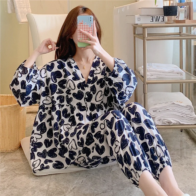 New Style Small Fragrant Wind Cardigan Pajamas Women Thin Section Home Service Cotton Silk Suit Large Size