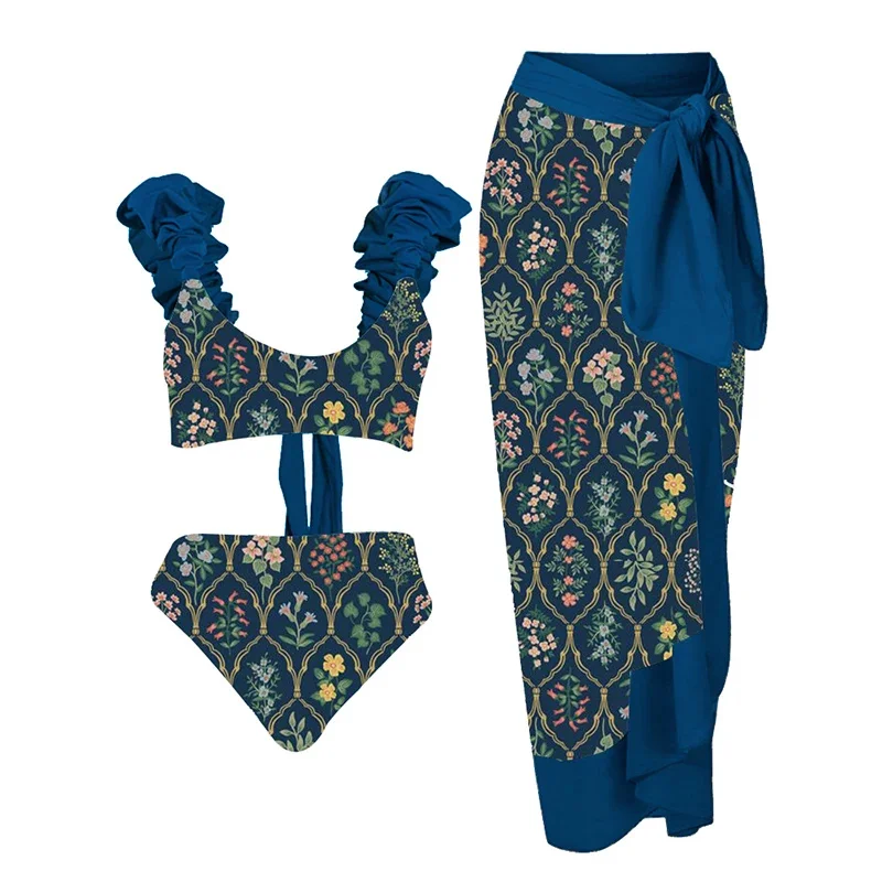Женский раздельный купальник с рюшами и цветочным принтом в стиле бохо