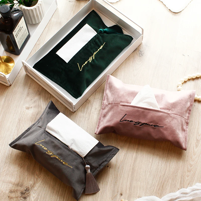 

Premium Embroidery Velvet Tissue Storage Bag Nordic Chic Paper Tower Bag Organizer Storage Container For Home Car Decor