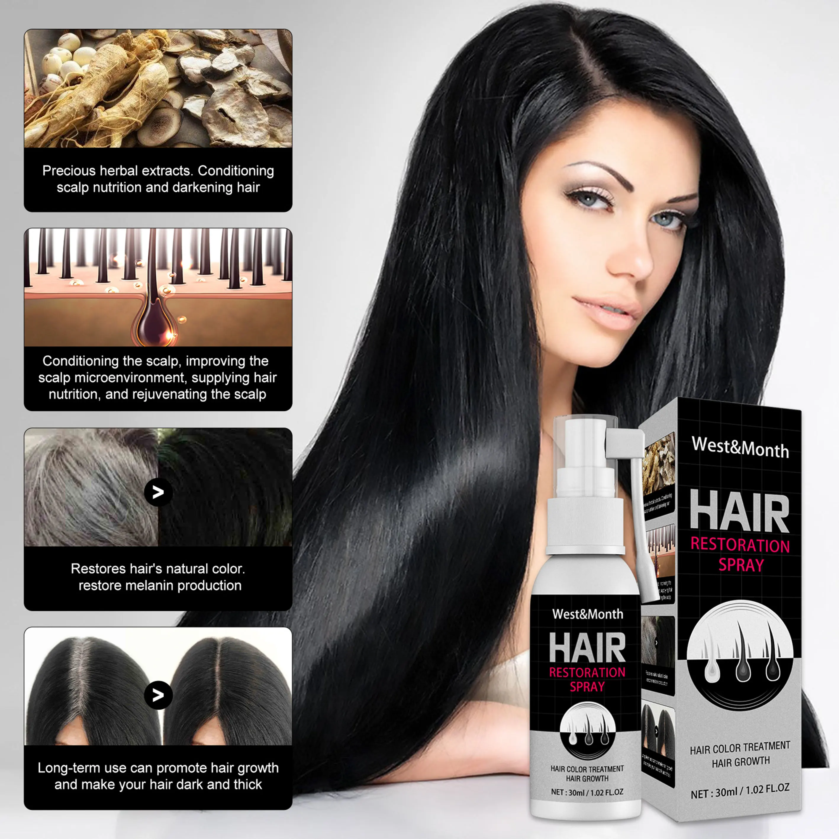 

Herbal Black Hair Growth Spray Essence Products Hair Color Anti-Hair Loss Treatment White Hair Colour Dye Nourishes Scalp Care