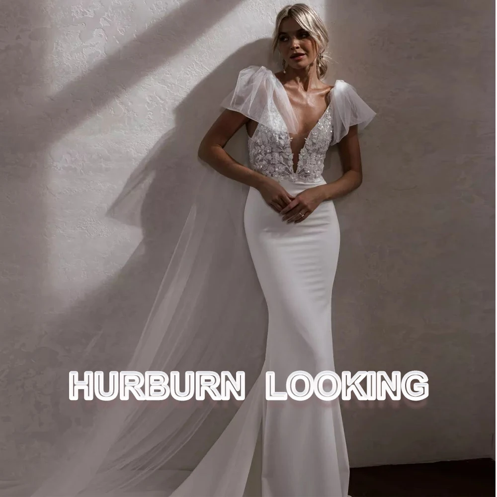 

HERBURN Beauty Wedding Dresses Deep V-Neck Backless Tulle Mermaid New Arrival Sexy Satin Marriage Bride Gown Drop Shipping