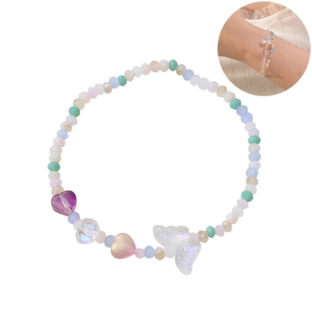 

Fashion Colorful Butterfly Charm Bracelet For Girls Korean Temperament Sweet Crystal Beaded Elastic Rope Women Pulseira Jewelry