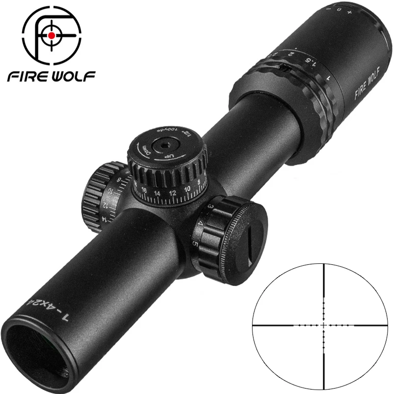 FIRE WOLF 1-4X24E Riflescopes Hunting Red Dot  Scopes Compact Rifle Scope Illuminated Reticle  w/ Mounts For AR15 AK