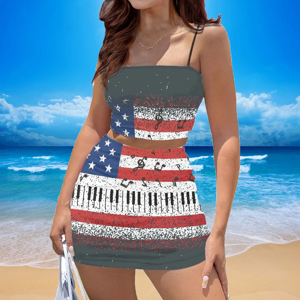 

Doginthehole New Trend Teen Girls Soft Short Dress Set Piano American Flag Two Piece Set Crop Top and Mini Skirts Summer Outfits