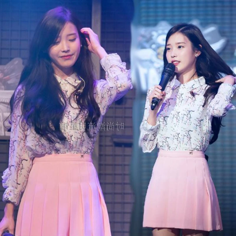 

kpop IU Lee Ji Eun Summer Streetwear White Puff Sleeve Floral Shirts Tops And Pink High Waist Pleated Skirt Women Two Piece Set