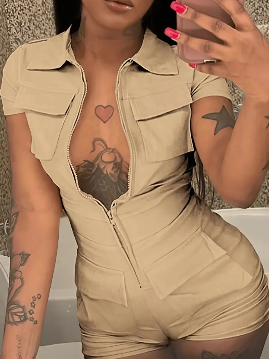 LW Zipper Pocket Design Romper Sexy Sporty Zipper Sleeveless Rompers Playsuits All In One Jumpsuit Women Shorts Summer Clothes