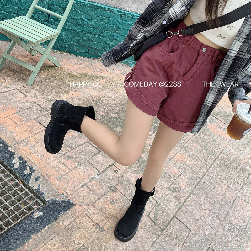 Cool Shoes Spring Autumn Ankle Boots Simple Style Western Boots Woman Slip On Platform Shoes Cow Suede Leather Cowgirls Botas