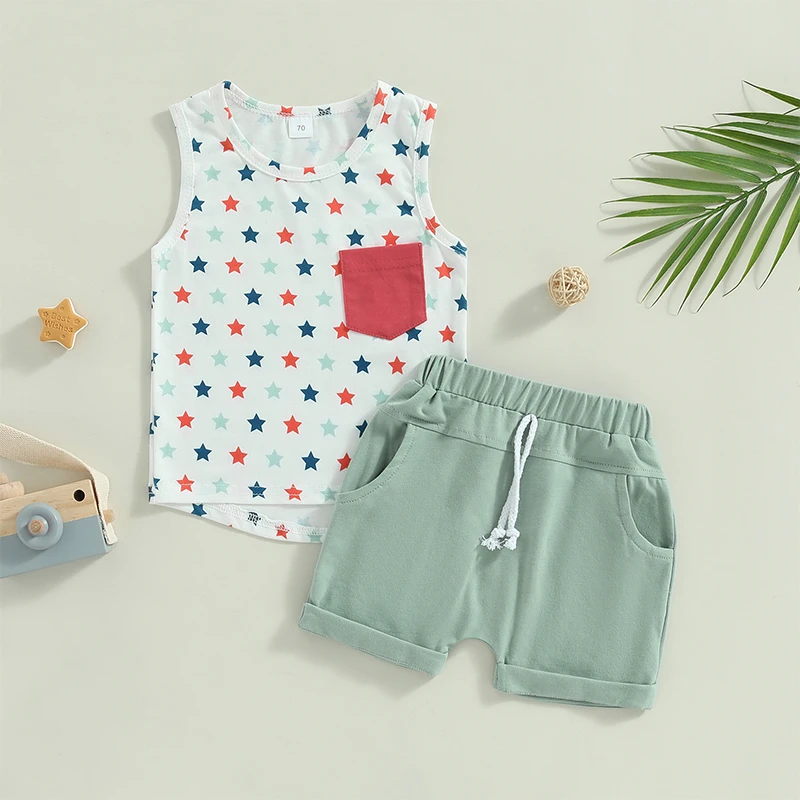 

2023-05-05 Lioraitiin 0-3Years Baby Boy 4th of July Outfit White Sleeveless Stars Print Vest Drawstring Shorts Summer Clothes