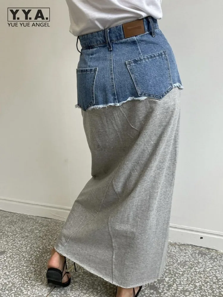 

Designer Casual High Waist Skirt Women Fashion Denim Patchwork A-Line Long Skirts Female High Street Loose Fit Harajuku Skirts