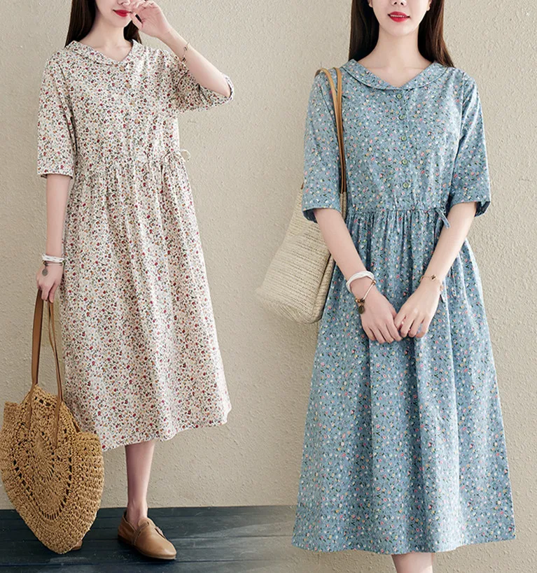 

2022 New Cotton Lovely Peter pan Collar Sweet Girl's Japanese Style Dress Print Floral Prairie Chic Vintage Women Summer Dress