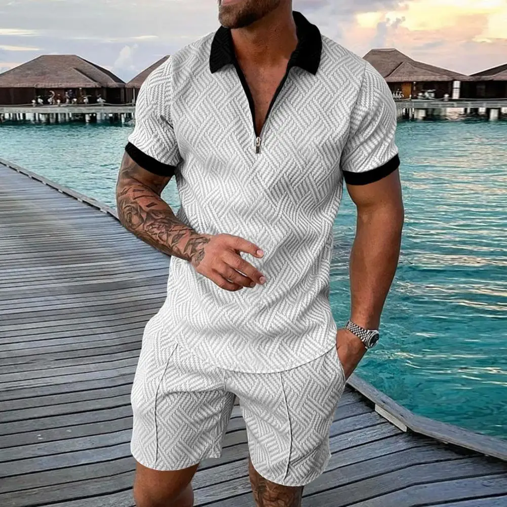 

2 Pcs/Set Men Tops Shorts Set Turn-down Collar Pullover Zip Up Zipper Elastic Waist Men Shirt Trousers Set Daily Clothes