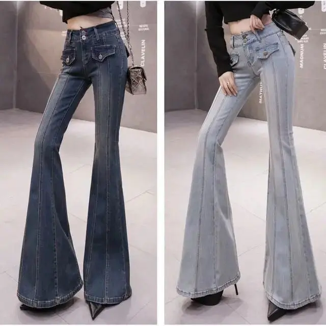 

Flare Wide Leg Jeans Women Elastic High Waist Skinny Mom Denim Pants 202 Fashion Casual Long Trousers Streetwear New M464