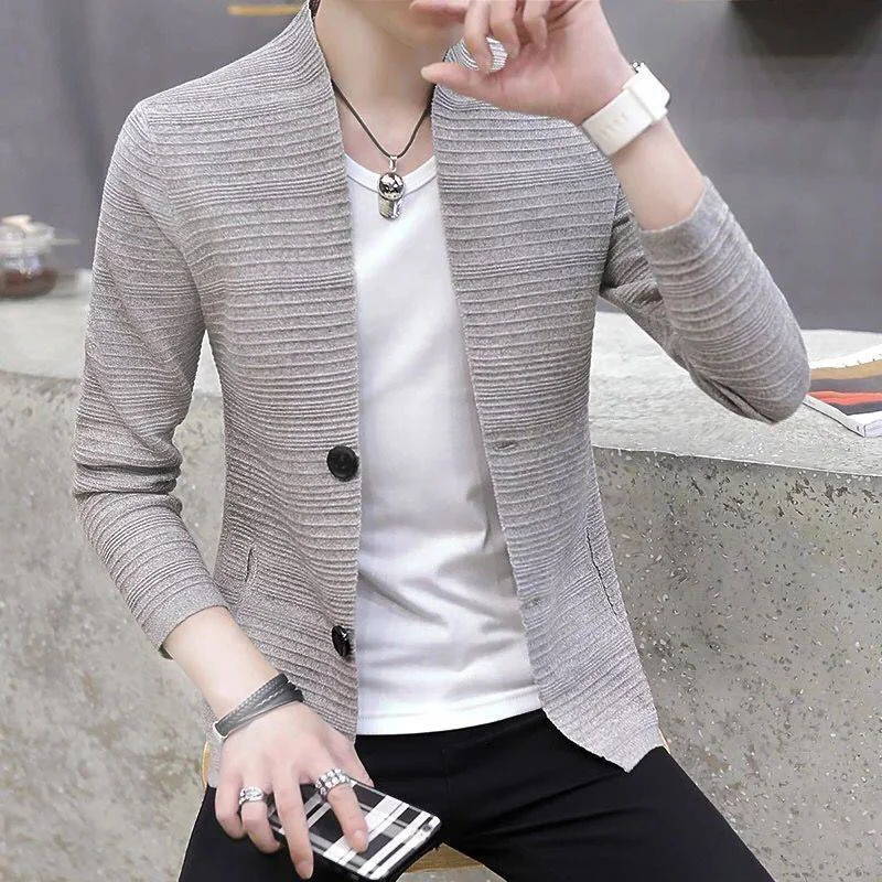 Solid Colour Transverse Striation Simple Business Leisure Men's Clothing Two Black Buttons Cardigan Autumn Winter Long Sleeve