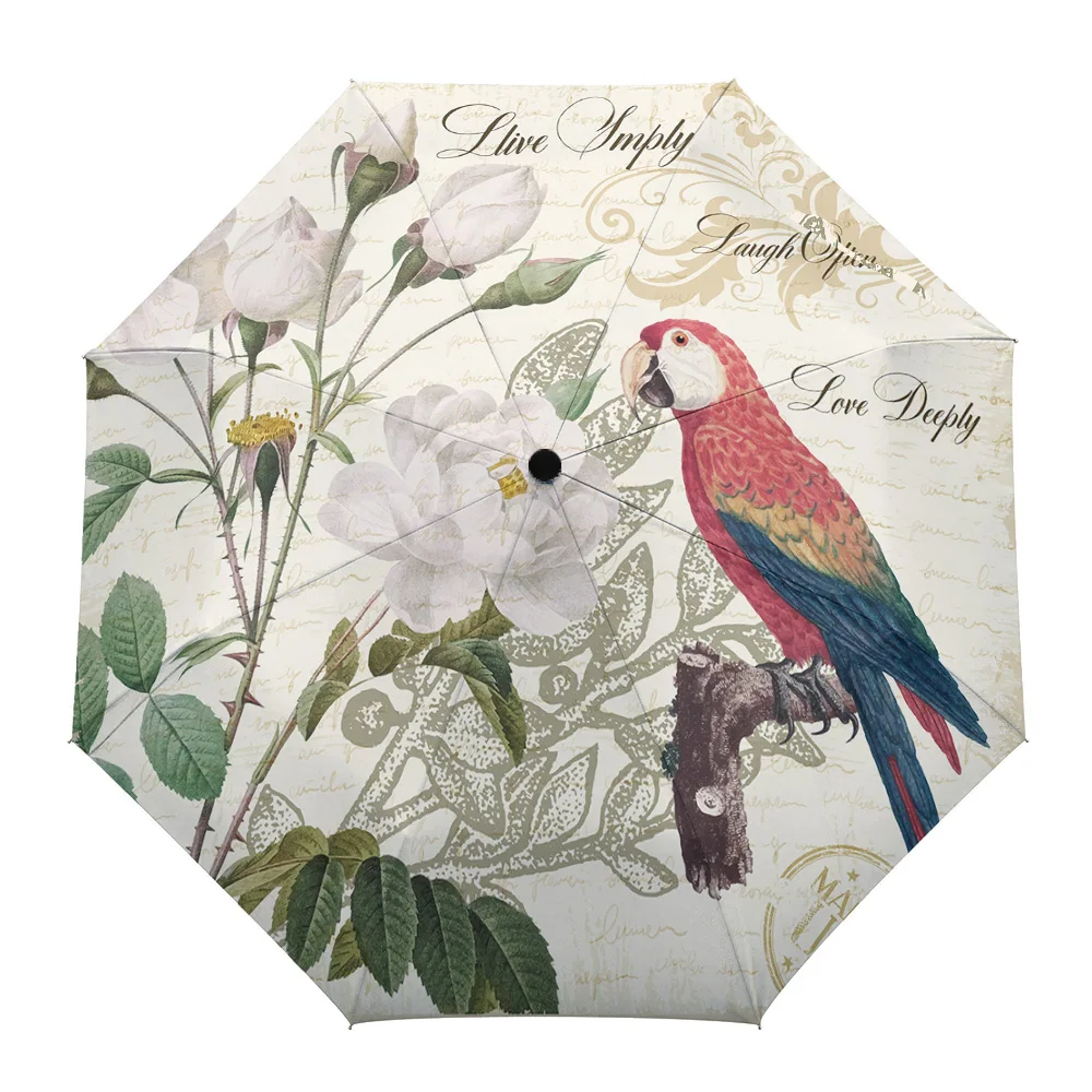 

Parrot Bird Rose Flower Retro Print Women Men Rain Umbrella Three Folding Girl Durable Portable Automatic Umbrellas Gift Parasol