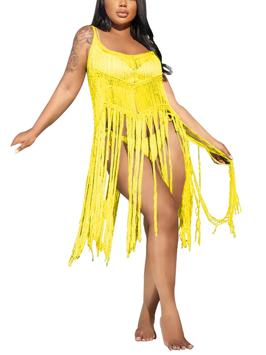 

Women Fringed Beach Dress Solid Color Sleeveless Cover-ups Hollow Out Beach Wear