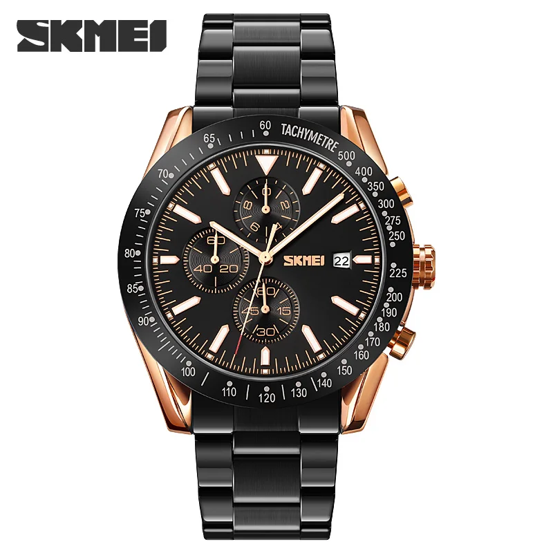 

Official Brand SKMEI Men's Watches Fashion Business Dress Quartz Watch Luxury Stopwatch Calendar Wristwatch Mens Full Steel Hour