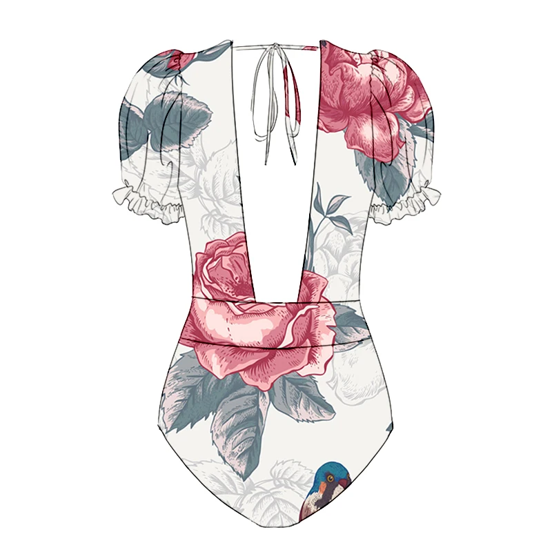 Lanswe2023 New Fashion Women Swimsuit Vintage Print Deep V Backless Fresh One-Piece Swimwear High-End Cover Up  Beach Wear