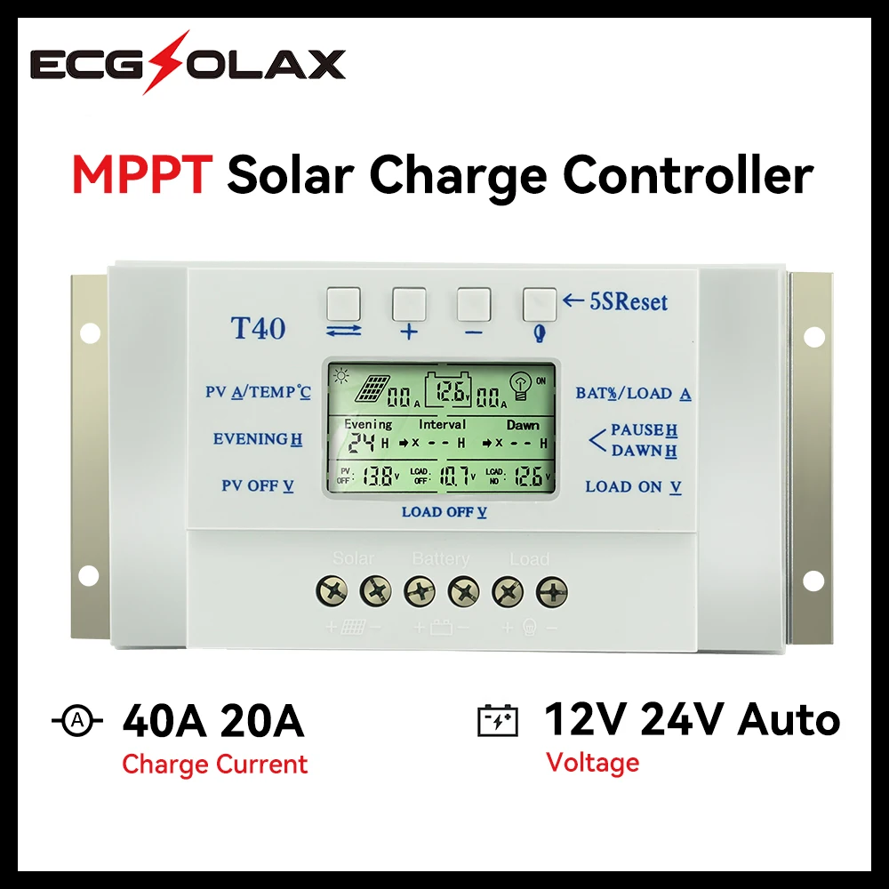 

ECGSOLAX MPPT 40A 20A Solar Charge Controller 12V 24V Auto LCD Display PV Regulator Dual Timer Control for Solar Lighting System