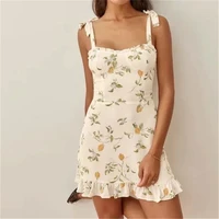 sling dress 2022 fruit print sexy mini summer dress sundress ruffles lace up vintage beige boho chiffon floral dress
