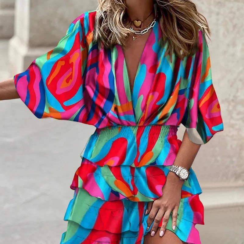 

Summer Fashion V-neck Short-sleeved Printed Body Dress 2023 Women's Slim Cake Mini Dresses Beach High-waisted Elegant Vestido