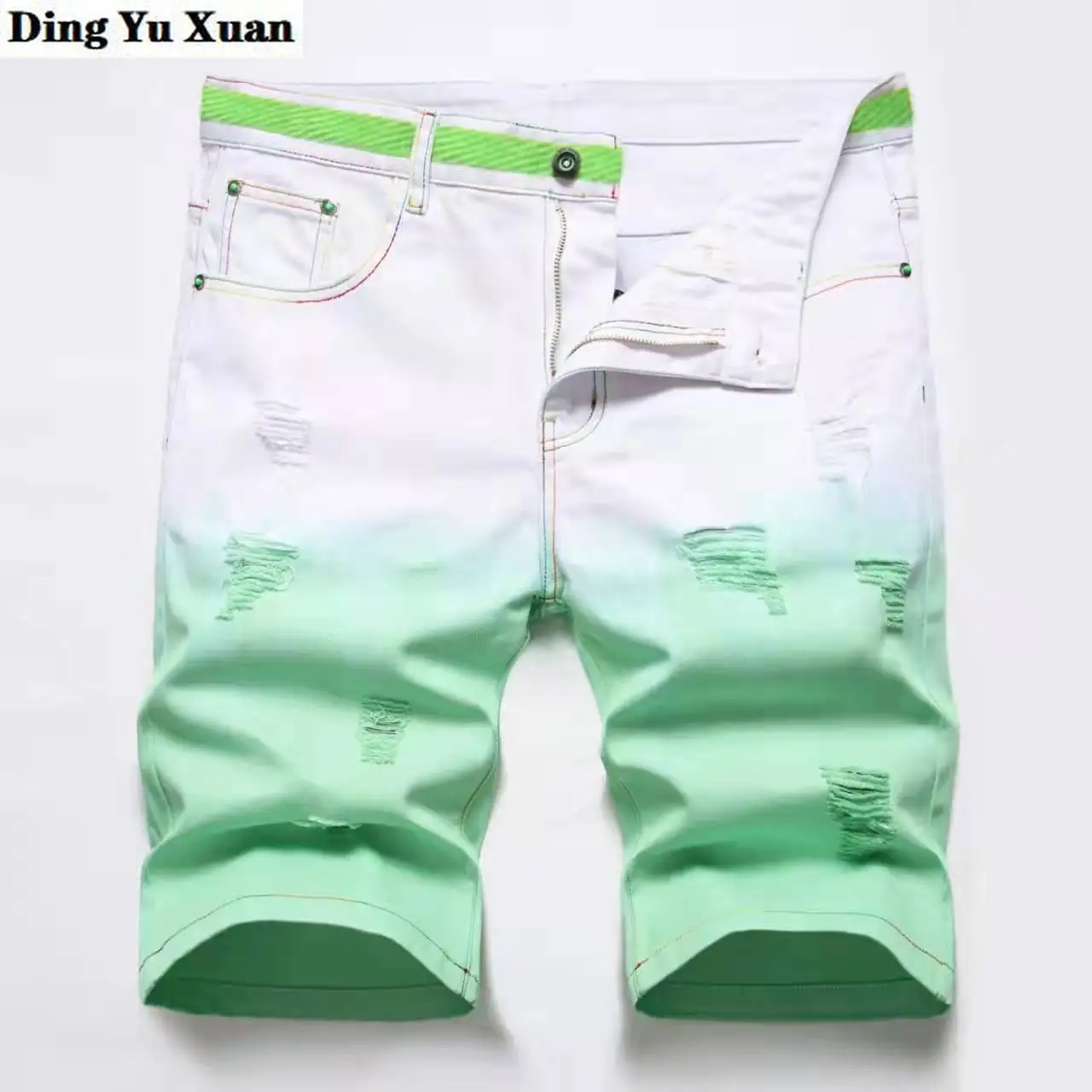 Men Summer Denim Shorts Y2K White Yellow Green Gradient Color Breeches Fashion Holes Ripped Slim Straight Jeans Short Homme