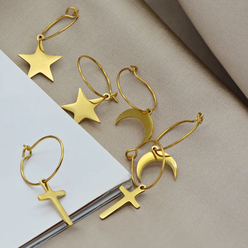 New Fashion Star Earrings Stainless Steel Gold Plated Cross Metal Smooth Moon Pentagram Earrings Noble Women Jewelry Gift