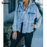 ladiguard latest casual ripped denim jackets men fashion hooded jean outerwear buttons fly denim jacket sexy mens clothing 2022