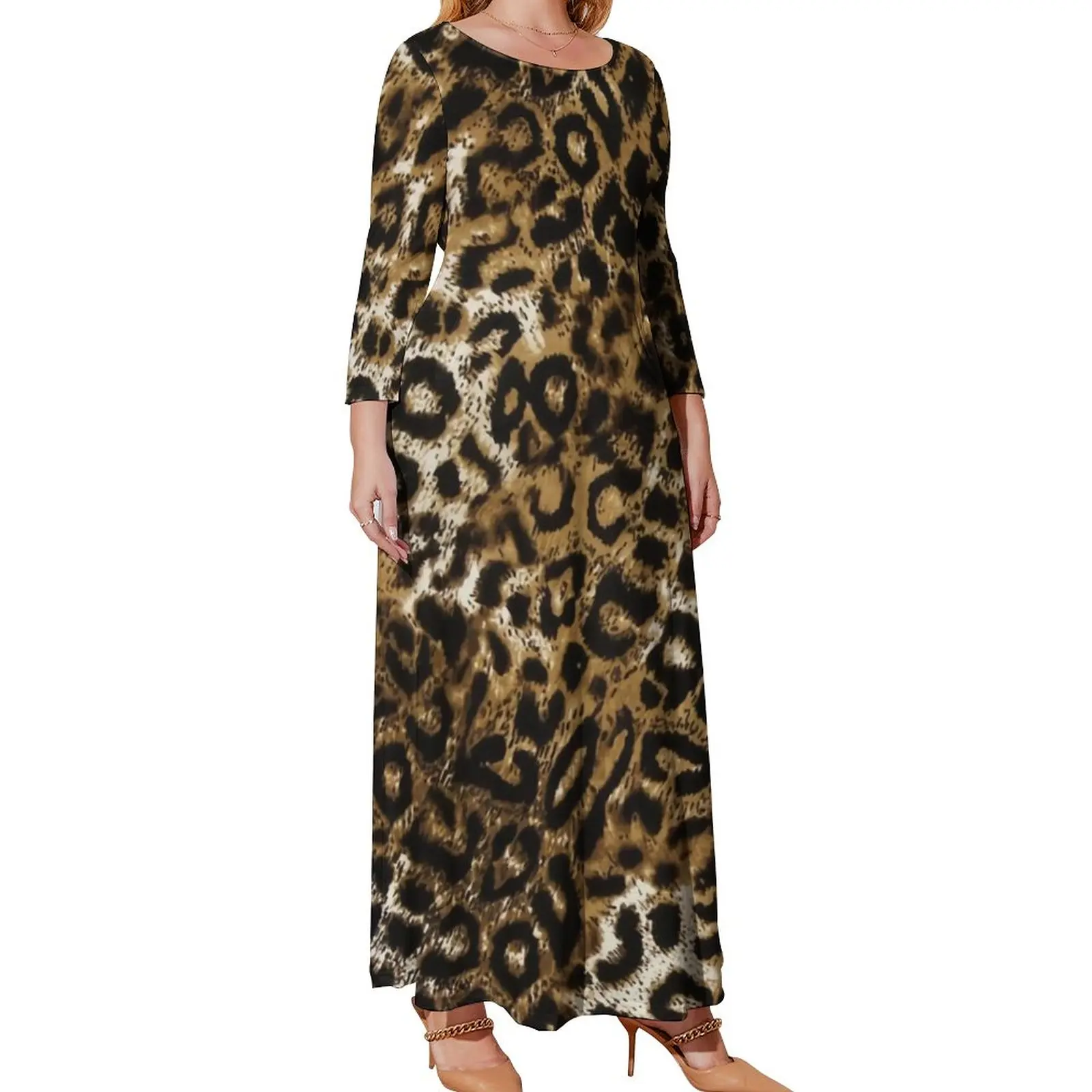 Gold Leopard Dress Long-Sleeve Classic Animal Print Cute Maxi Dress Street Style Print Bohemia Long Dresses Plus Size 4XL 5XL