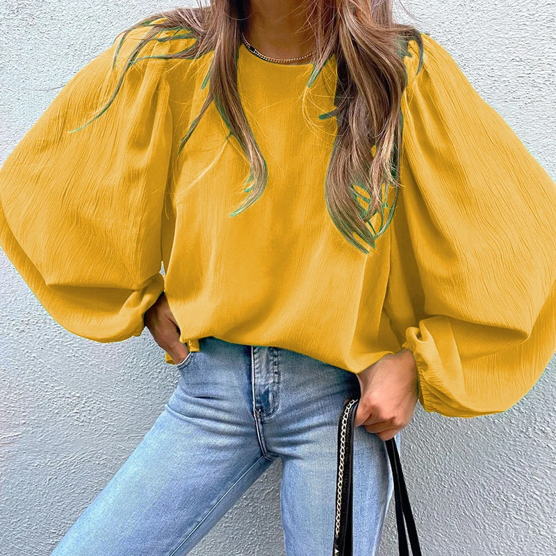 

Autumn Casual Loose Blouse Women Fashion O-neck Solid Color Office Shirts Spring Elegant Lantern Long Sleeve Commute Tops Blusa