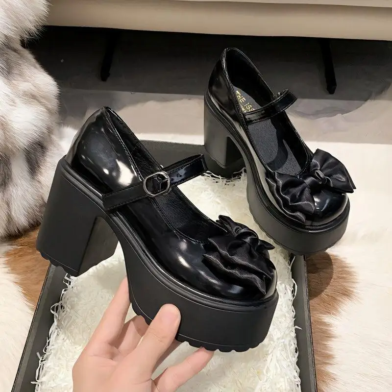 

Women's Fashion Bowknot Platform Pumps Mix Color Chunky High Heels Mary Jane Shoes for Women Patent Leather Ankle Strap Pumps