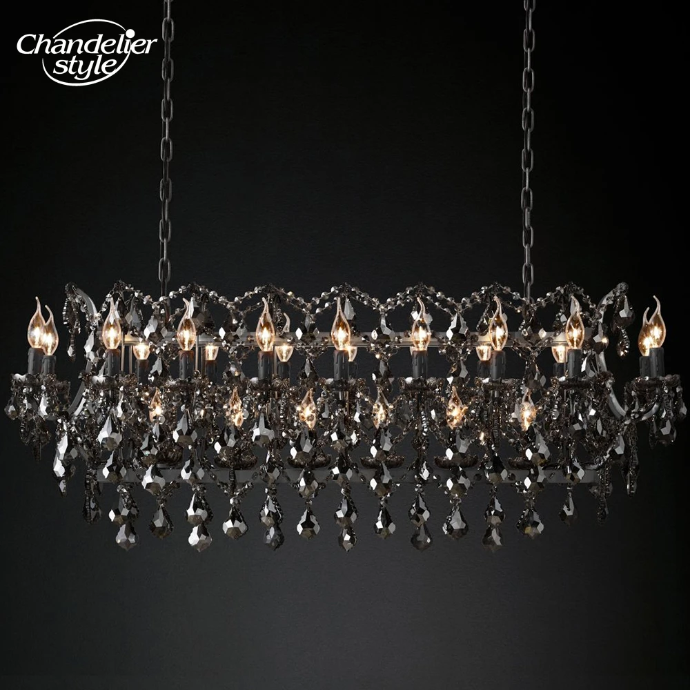 

19th C. Rococo Iron & Smoke Crystal Rectangular Chandeliers Modern Retro LED Candle Lamps Kitchen Island Dining Room Lighst