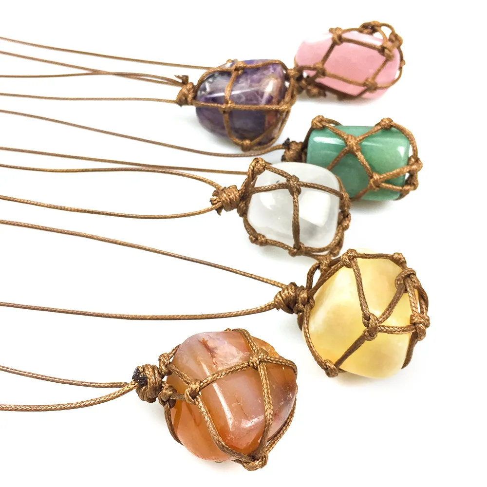 

Handmade Rope Wrapped Pink Green Purple Healing Crystal Pendant Accessories Necklace Jewelry for women Wholesale