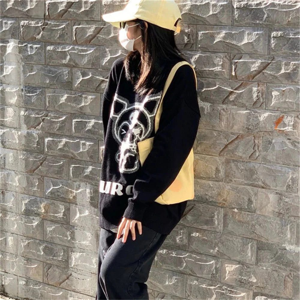 

Женские трикотажные пуловеры с амином, Черные милые Мультяшные осенние свитеры с длинными рукавами, уличная одежда с круглым вырезом, модны...