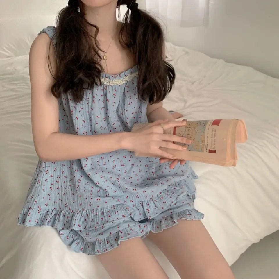 

Пижамный комплект Женский винтажный цветочный пикантный друг в стиле преппи летняя кружевная Пижама с оборками для девочек-подростков в Ко...