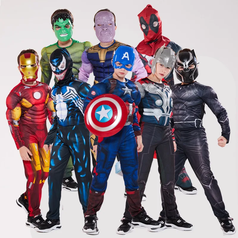 

4-12Y Child Captain America Muscle Costume Superhero Movie Spiderman Thor Hulk Cosplay Costume Muscle Uniform Halloween for Kid