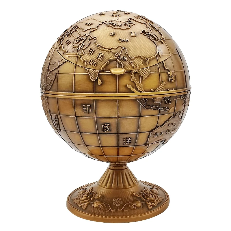 

Vintage Metal with Lid Globe Ashtray European Retro Home Office Hotel Ashtray Decor Smoking Accessories, Antique Gold