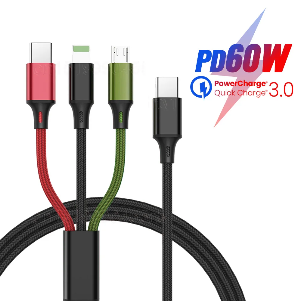 

PD 60W 3in1 USB C Cable for iPhone 13 12 11 Pro Max QC3.0 Micro 8pin Type C Charger Charging Cable for Macbook Pro Huawei Xiaomi