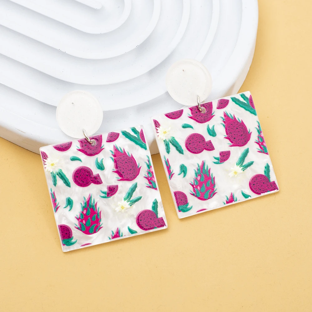 Новые модные квадратные акриловые висячие серьги с рисунком питаи фруктов для