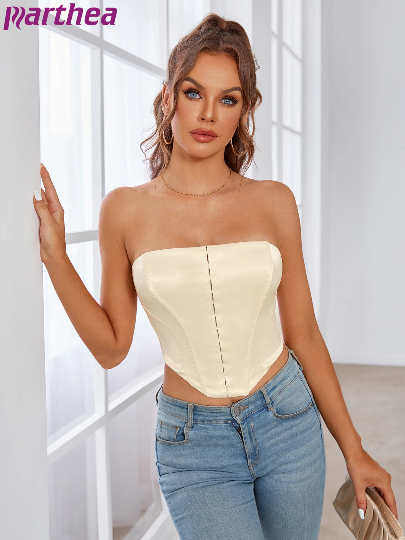 

Parthea Satin Corset Top Boned Low Cut Single Breasted Crop Top Push up Double Layers Elastic Fashion Elegant Summer Party Tops