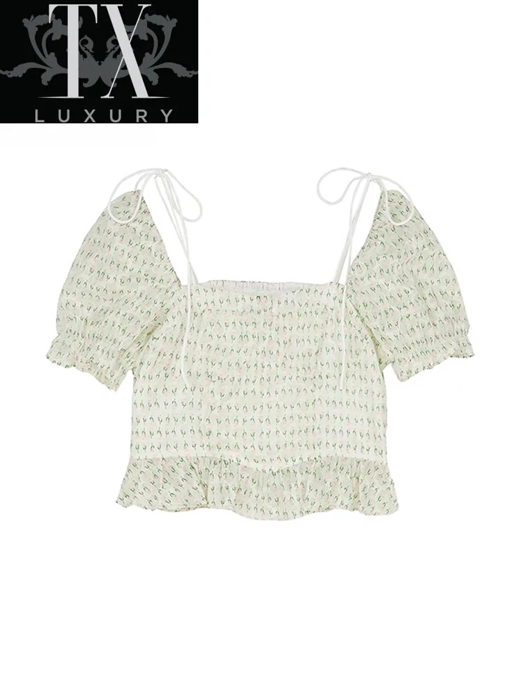 

Sweet Bow Lace Up Crop Tops 2022 Summer New Puff Sleeve Folds Backless T-shirts Korean Sexy Slim Fashion All-Match Clothes Mujer