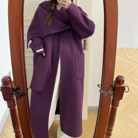 SHENGYAO женское фиолетовое шерстяное пальто oversize