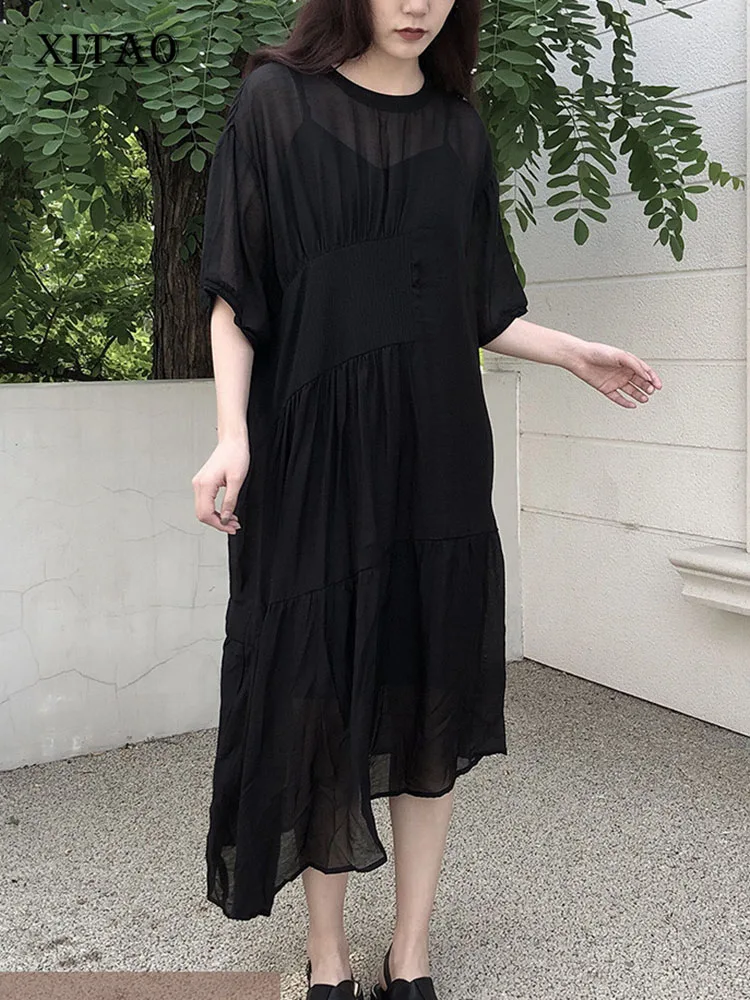 

XITAO Women Dress Fashion Small Fresh Pleated Pullover Perspective Black Irregular 2022 Summer Minority Loose Dress ZY6981