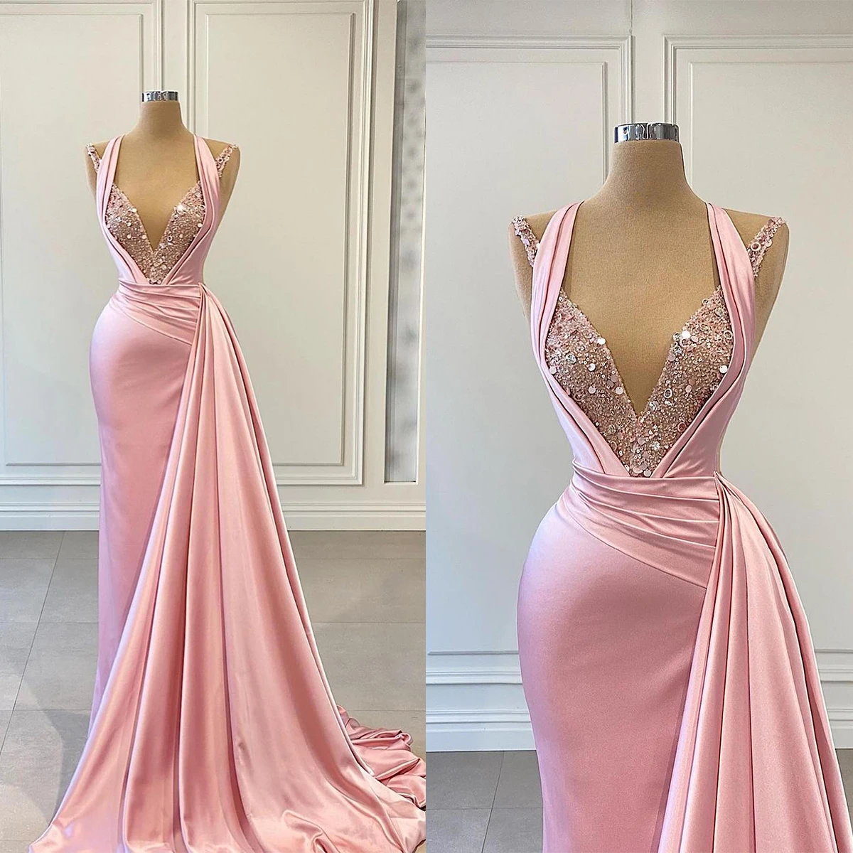

Elegant Evening Dress Mermaid Formal Occasion Dress Deep V-neck Sleeveless Sequin Satin Pleats Court Prom Dress Vestido De Noite