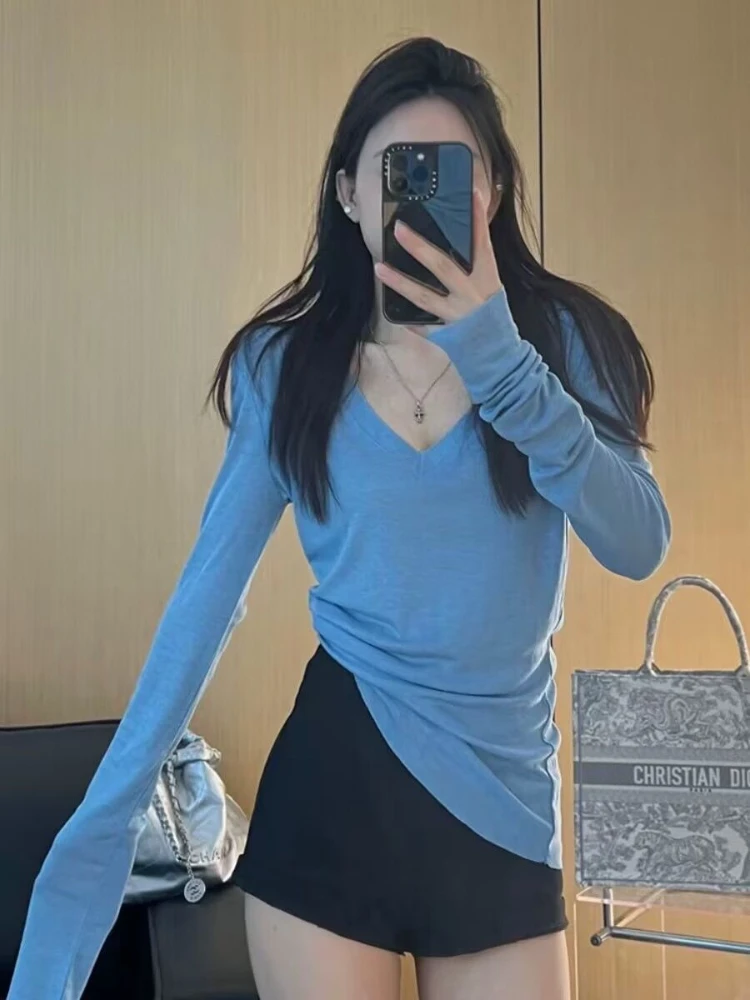 Синие футболки с длинным рукавом женские осенние топы v-образным вырезом простые