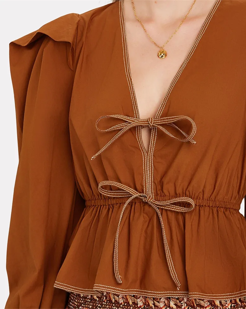 

Waist Drawstring Blouse Women Solid Color Long Sleeve V-Neck Summer New 2022 Female Slim Shirt Tops